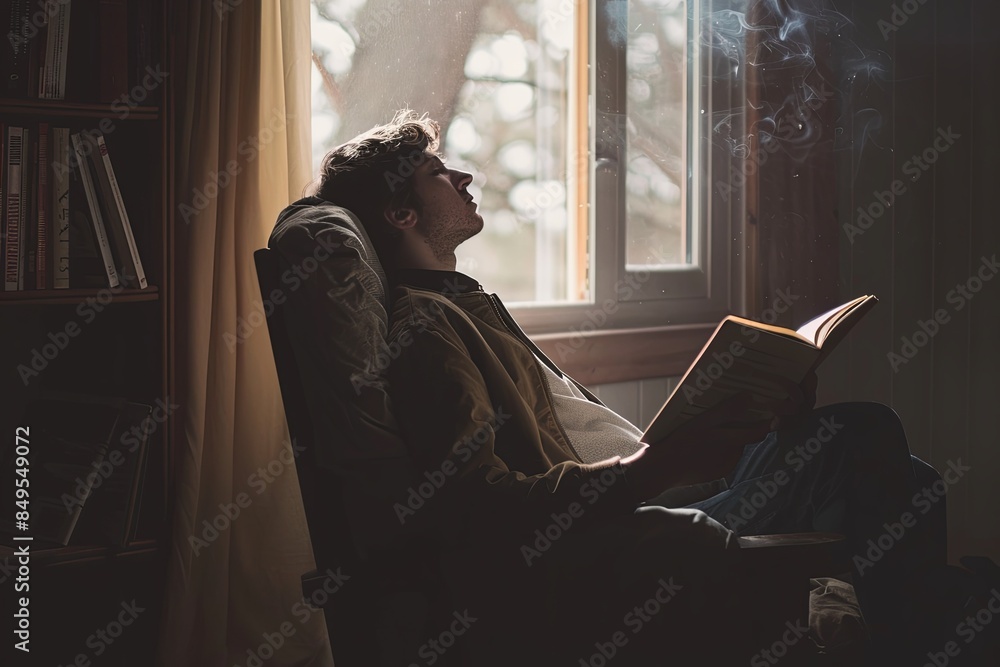Aufkleber a man sits in a chair, holding a book but lost in thought, staring off into space. the room is dimly