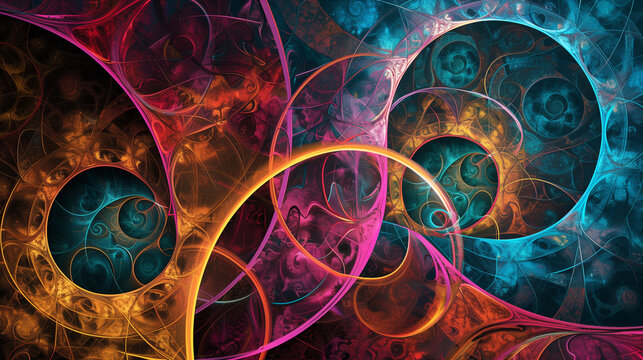 A dynamic pattern of fractal circles that pulsate with intense colors. Geometric shapes and their multicolored composition create a mesmerizing effect.