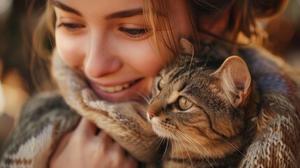 A close-up photo of a young woman smiling with a tabby cat, both wrapped in a brown and white blanket, enjoying a joyful moment after adoption