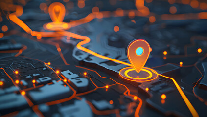 A digital map displaying a location with two pins set, representing AI technology in GPS, innovation in delivery services, and map location for future transport logistics