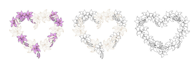 Lillie line art flower heart wreath for wedding card or invitations. Hand drawn vector illustration template.