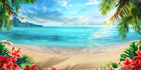 Tropical and beachy bright and vibrant colors with flowers and ocean beach.