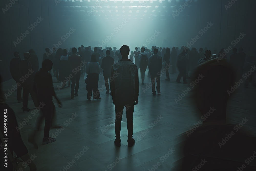 Poster a lone figure stands in the middle of a crowded, foggy room, their silhouette sharp against the blur