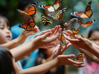 A lot of butterflies and people who catch them