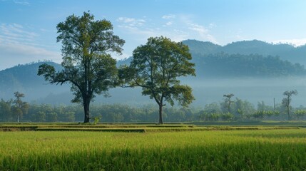 Obraz premium Trees standing tall behind a rice field