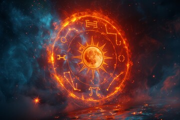 Fototapeta premium Flaming Zodiac Wheel Above Starry Night Sky
