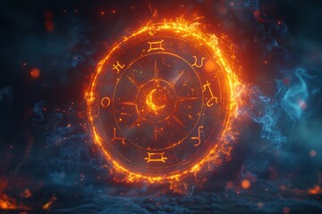 Obraz premium Zodiac Wheel Encircled in Fiery Flames, Glowing in Dark Night Sky