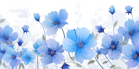 Blue Flowers Watercolor Border Illustration Blue Peony Branches Watercolor Border, Blue floral bouquet on white background

