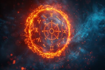Obraz premium Flaming Compass Circle With Ancient Symbols and Runes