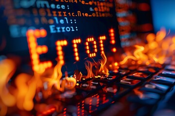 Extreme close-up of a backlit keyboard with a digital error message surrounded by flames, representing a computer crash or hack