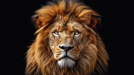 Fototapeta premium Close up image of a majestic male lion with a strong presence set against a black backdrop showcasing a powerful head and stunning mane