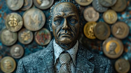 Businessman Statue Surrounded by Various Cryptocurrency and Traditional Coins