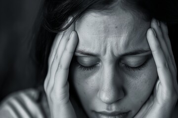 Monochrome image of a woman clutching her head, expressing pain or headache