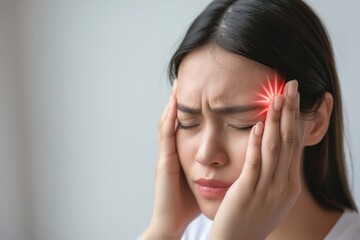 Fototapeta premium Woman with closed eyes pressing temples with a red highlight indicating pain or headache