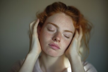 Fototapeta premium Serene image of a redheaded woman closing her eyes with hands on head, harmony