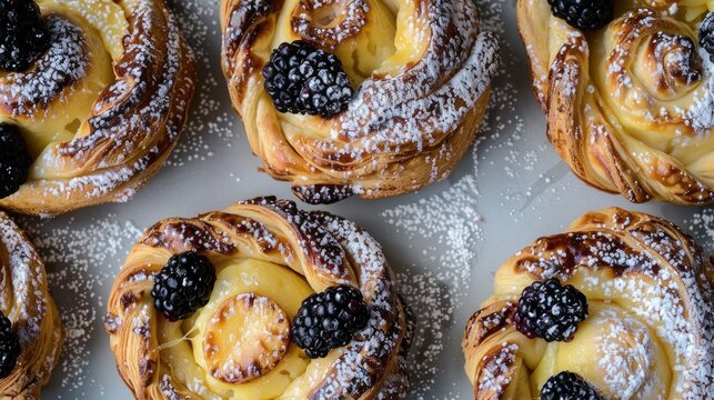 Golden cheese danish pastries with blackberries and powdered sugar from above