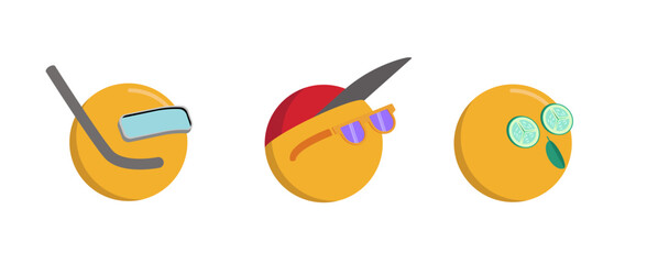 Three characters (orange sun-like spheres) in different situations: swimming underwater with tube and mask, chilling in cap and sunglasses, taking sunbath with cucumbers and leaf. Recreation.