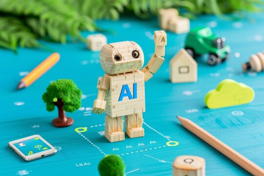 Handcrafted AI robot figure on tech themed desk, merging artistry with artificial intelligence.