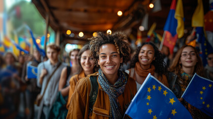 Group of Smiling People Holding European Union Flags at Celebration Event