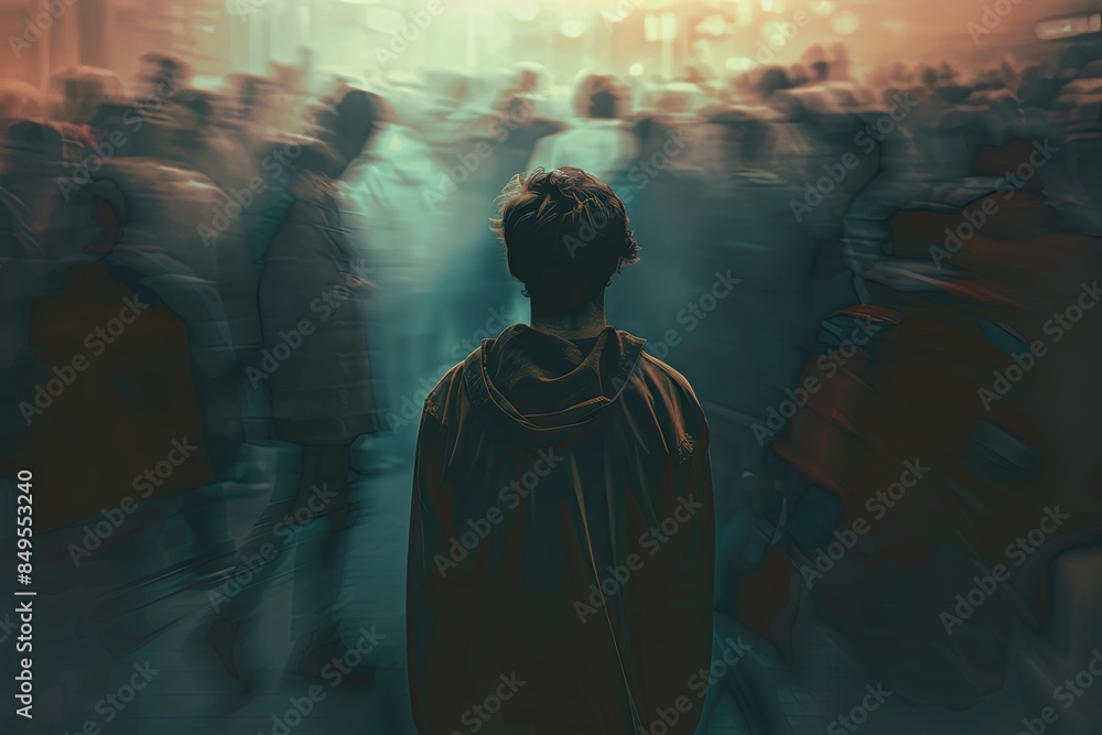 Poster a lone individual stands in a crowded room, their figure sharply in focus while the surrounding peop