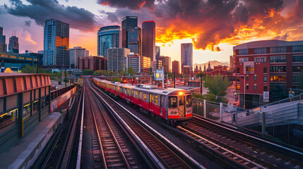 Fototapeta premium The train is surrounded by tall buildings and a bridge