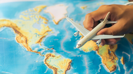 Close-up of a pilot's hand holding an airplane model over a world map backdrop illustrating global connectivity facilitated by airlines.