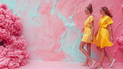 Fototapeta premium Stylish Women In Yellow Dresses Walking Against Colorful Abstract Background
