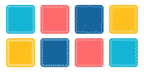 Hand drawn outline square text box set. Colorful doodle paper quote frame. Empty speech bubble. Blank kids simple textbox template collection. Abstract sticker label isolated on white