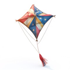 A colorful kite with a star-shaped pattern on a white background.