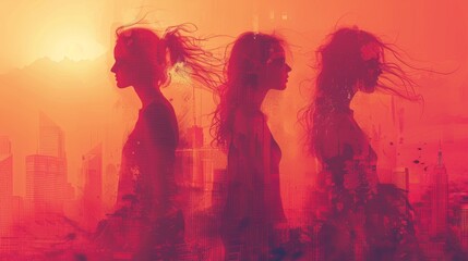 Abstract Silhouette of Three Women with Cityscape in Background