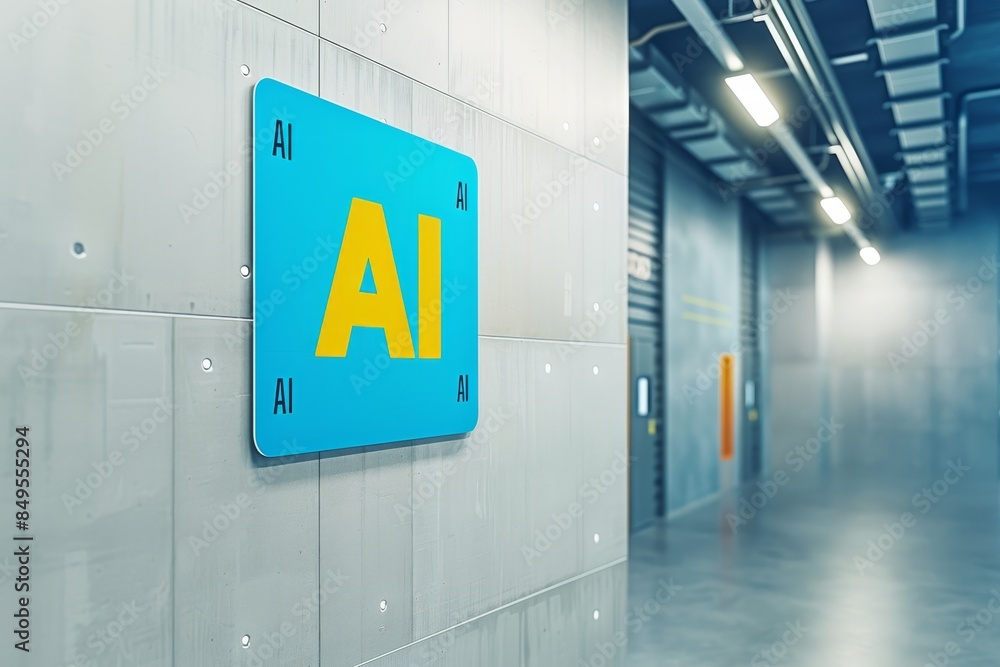Poster man in modern workspace looking at ai signage, contemplating the vast potential of artificial intell