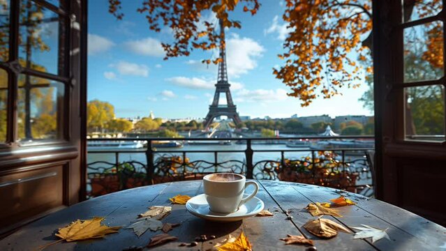 Hot coffee on a table overlooking the Eiffel Tower in Paris