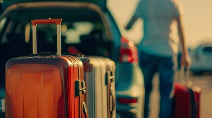 A close-up of suitcases in front. In the blurred background, a man with a suitcase and an open car trunk made with Ai generative technology