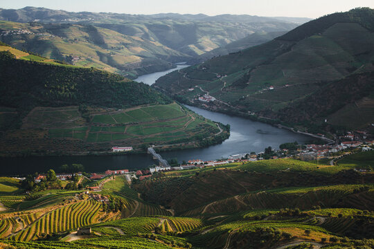 A panoramic view of the Douro River in Pinhao, Portugal.