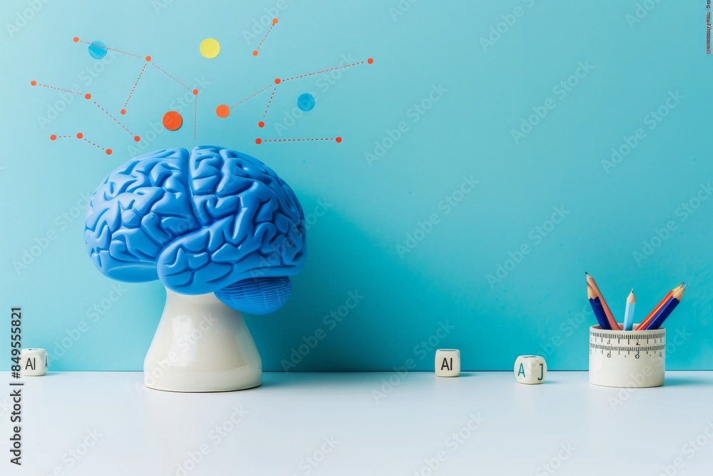 Poster creative ai brain model on blue background with red explosion, symbolizing the impact of ai on creat
