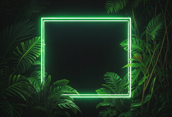 Vibrant Neon Jungle Frame with Illuminated Tropical Foliage