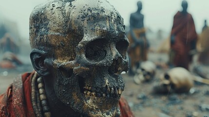 African Ritual Skull with Tribal Background and People in Distress