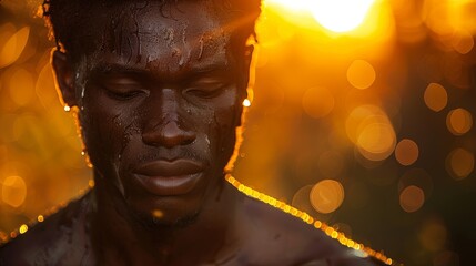 Pensive Man with Wet Skin in Golden Sunlight Contemplating Life