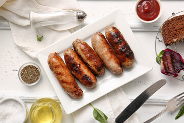 Plate of tasty grilled sausages, sauce, herbs and oil on white wooden background