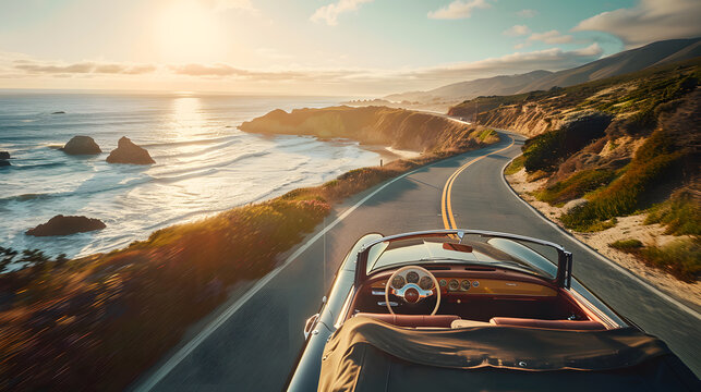 A red convertible car is driving down a road near the ocean