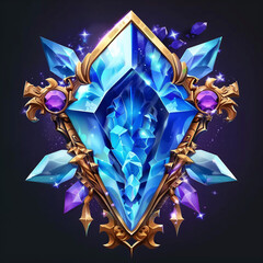 Crystal gem stone clusters with glowing light aura, quartz or crystalline mineral, designed in vector game style