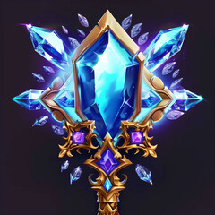 Crystal gem stone clusters with glowing light aura, quartz or crystalline mineral, designed in vector game style