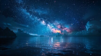 Amazing Starry Sky Over the Sea at Night with Reflections