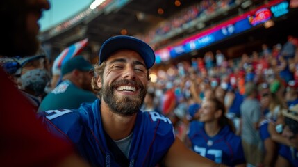 Obraz premium Smiling American Football Supporter at a Tailgate Event in a Stadium