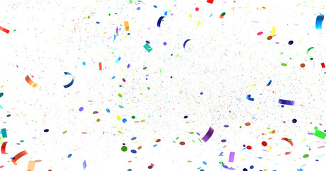 Multicolored paper confetti on transparent background. Realistic confetti flying. Colorful scattered items to holiday decorations.