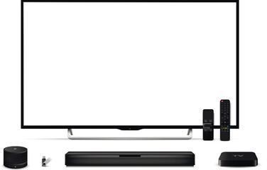 Realistic oled tv, sound bar, set top box, smart speaker, remote controls and flash drive