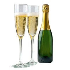 Two glasses of champagne and bottle on white background 