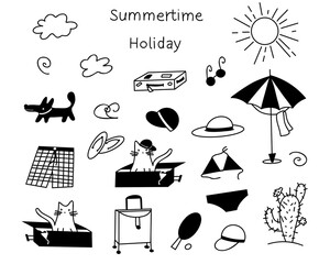 Set of beach and traveling accessories. Hand drawn vector elements and words.