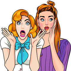 Woman whispering gossip or secret to her friend pop art comics style