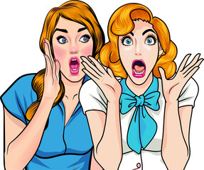 Woman whispering gossip or secret to her friend pop art comics style